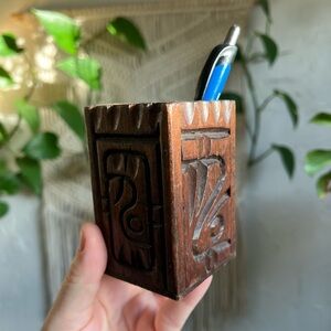 Vintage Hand-Carved Wooden Pen Holder | Boho Rustic Desk Organizer Artisan Wood